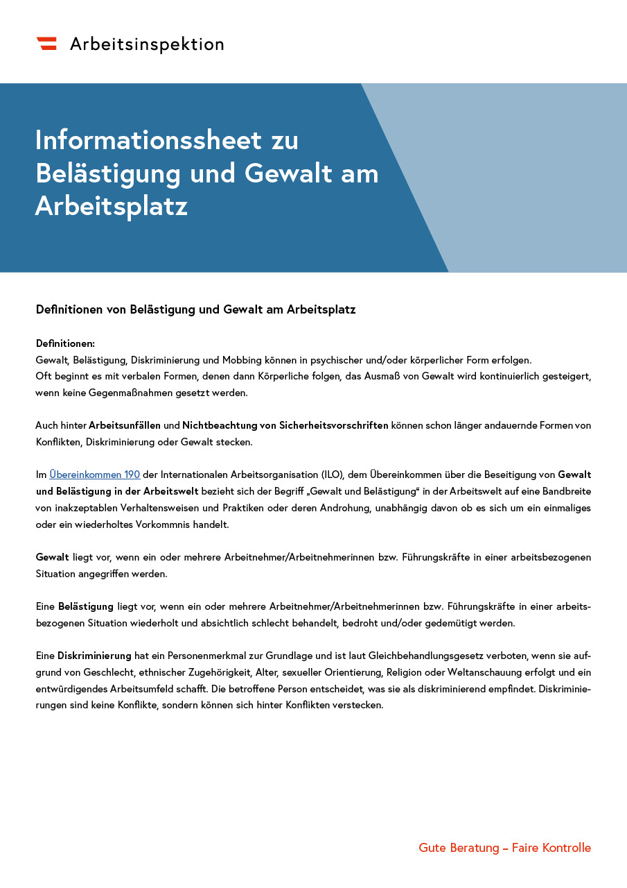 Informationssheet zu Belästigung und Gewalt am Arbeitsplatz