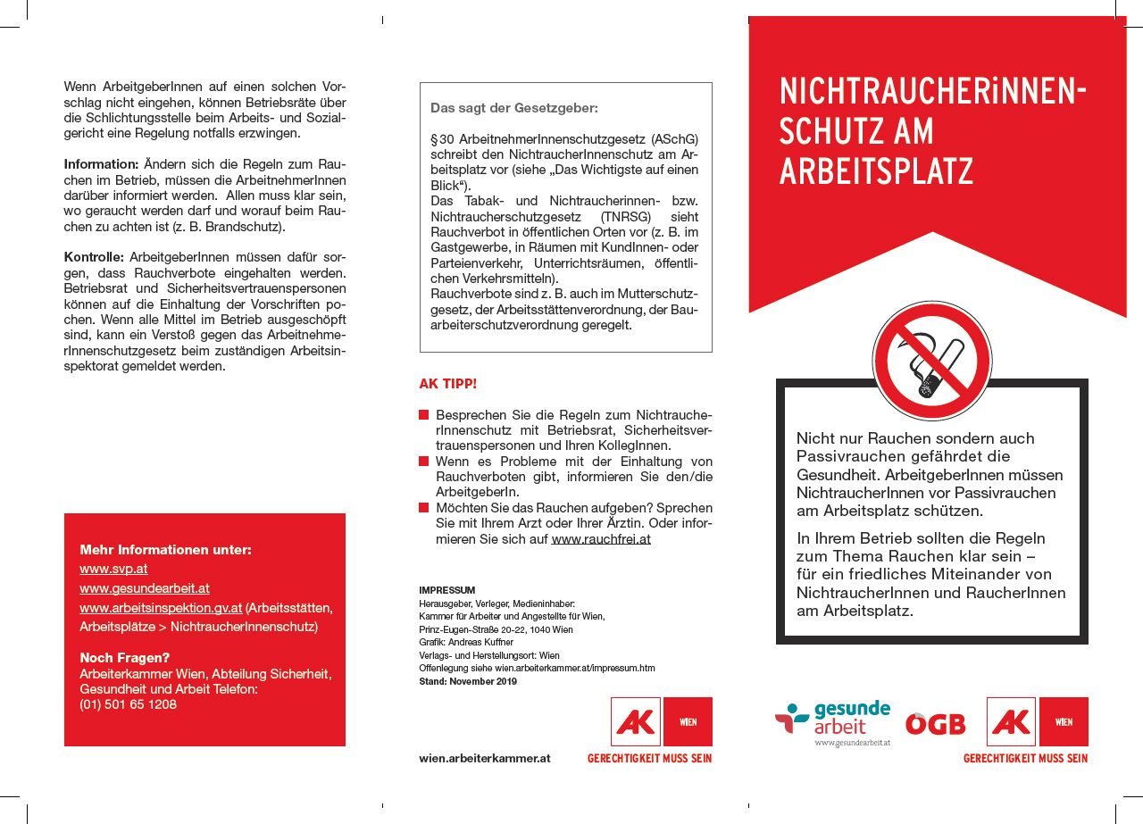 NichtraucherInnenschutz am Arbeitsplatz - Folder, Stand: 1. November 2019