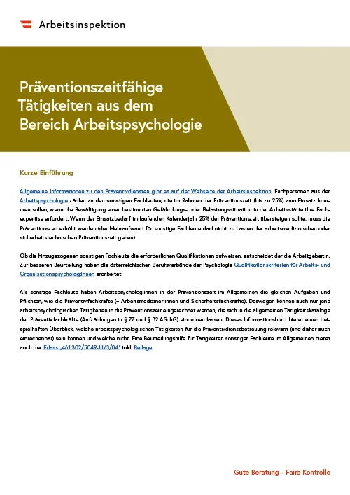 Präventionszeitfähige Tätigkeiten aus dem Bereich Arbeitspsychologie