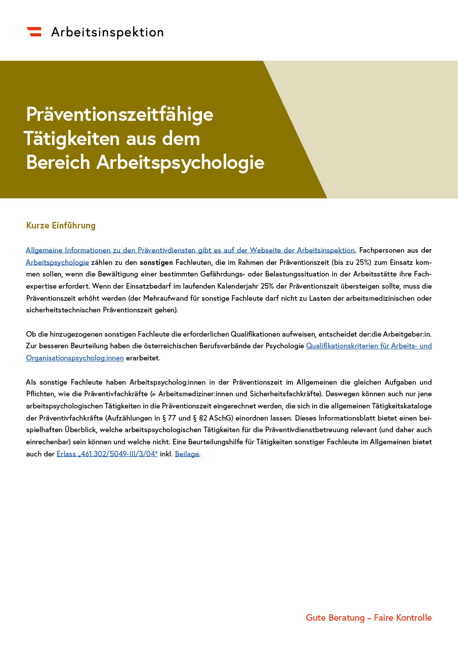 Präventionszeitfähige Tätigkeiten aus dem Bereich Arbeitspsychologie