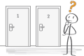 Symbolbild mit einem Strichmännchen, das überlegt, ob es Tür 1 oder Tür 2 wählen soll